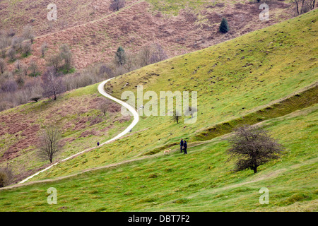 Les promeneurs de chiens dans l'âge du fer earthworks ci-dessous camp britannique sur les collines de Malvern, Worcestershire, Angleterre, RU Banque D'Images