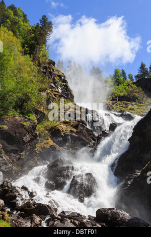 Force puissante de Latefossen spectaculaire chute au début de l'été près de Odda, Hardanger, Hordaland, Norvège, Scandinavie Banque D'Images