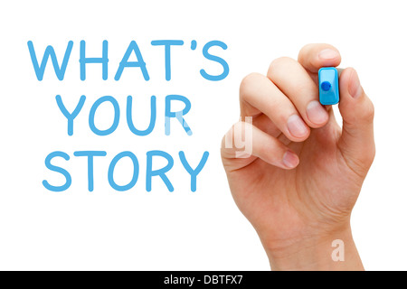 La main Quelle est votre histoire avec marqueur bleu sur transparent essuyer. Banque D'Images