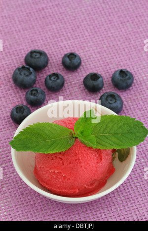 Sorbet fruits des bois garni de feuilles de menthe Banque D'Images