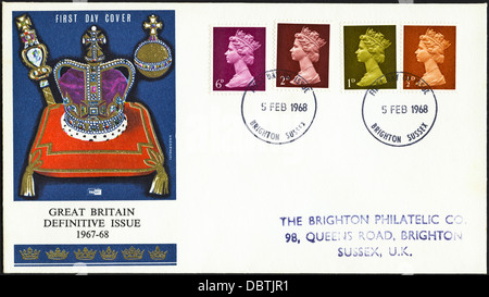 Le pli Premier Jour du bureau de poste de 1967-1968 question définitive 6d, 2d, 1d & ½d stamps oblitérée 5 février 1968 Brighton Sussex England UK Banque D'Images