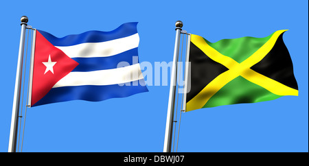 Drapeau de Cuba et de la Jamaïque isolé sur fond bleu - rendering Banque D'Images