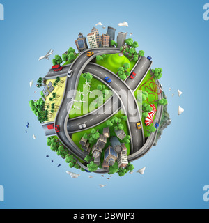 Globe concept montrant la diversité, les transports et l'énergie verte dans un style cartoon Banque D'Images