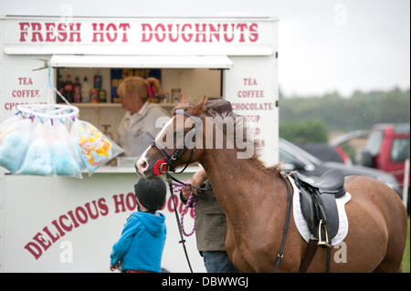 Pattingham, UK. 4e août 2013. Le Shropshire est Équitation Club Show le dimanche 4 août., Pattingham nr Wolverhampton. Sous la pluie battante un cheval attend que ses beignets. Crédit : RICHARD DAWSON/Alamy Live News Banque D'Images