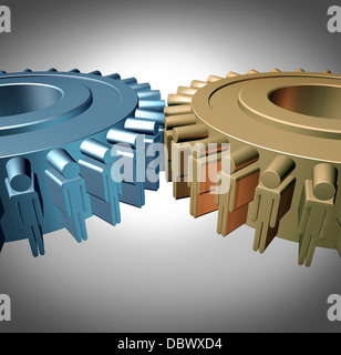 Concept d'équipe d'affaires avec deux pignons ou fusionnées en forme de roue dentée en tant que gens d'affaires d'icônes dans une réunion reliés ensemble comme Banque D'Images