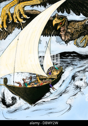 Le bateau de Sinbad fuyant Roks laissant tomber des pierres, de la 1001 Mille et Une Nuits. À la main, gravure sur bois Banque D'Images