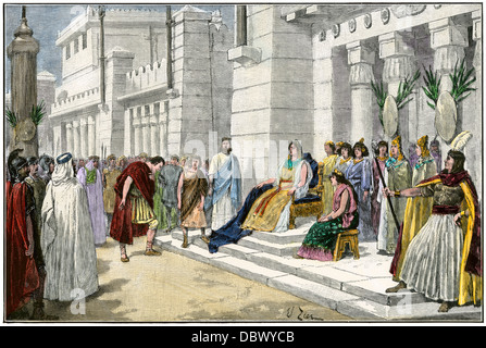 Didon, fondatrice de Carthage, recevant Énée, héros de la guerre de Troie. À la main, gravure sur bois Banque D'Images
