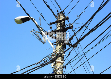 Emmêler les fils électriques sur le post. Scène de rue typique dans le ...