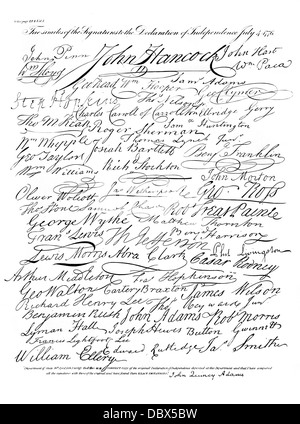 Années 1700 1776 LE 4 JUILLET DE TÉLÉCOPIES DE LA SIGNATURE DES SIGNATAIRES DE LA DÉCLARATION D'INDÉPENDANCE Banque D'Images