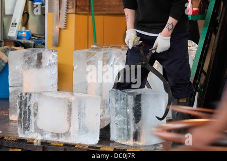 Vendeur de glace au marché aux poissons de Tsukiji, Tokyo Japon. Banque D'Images