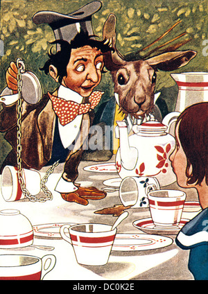 Années 1880, ILLUSTRATION D'ALICE AU PAYS DES MERVEILLES TEA PARTY SCENE Mad Hatter Lièvre de Mars Banque D'Images