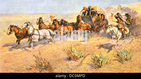 Années 1800 Années 1860 OVERLAND STAGE COACH D'ÊTRE ATTAQUÉ PAR LES INDIENS STAGECOACH OUEST AMÉRICAIN Banque D'Images