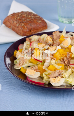 Assiette pleine d'une salade de légumes avec les oeufs et le thon Banque D'Images