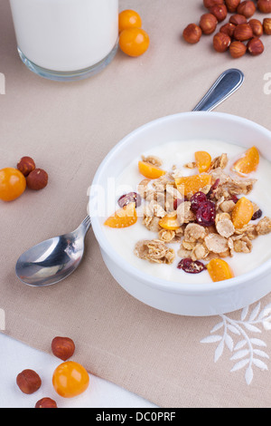 Muesli avec du yaourt et physalis dans un bol blanc Banque D'Images
