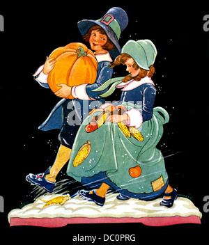 L'ILLUSTRATION 1930 Garçon et fille habillé en transportant les pèlerins de la récolte d'AUTOMNE POTIRON THANKSGIVING LÉGUMES Banque D'Images