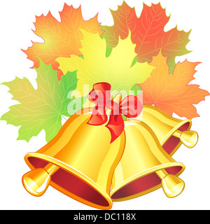 Scène d'automne avec une croix rouge, vert, jaune, orange feuille d'érable et la cloche sur le fond blanc Banque D'Images