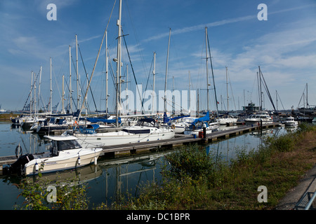 Yachts amarrés dans Shotley Marina, Suffolk, avec Felixstowe port à conteneurs et de la ville de Harwich en arrière-plan. Banque D'Images