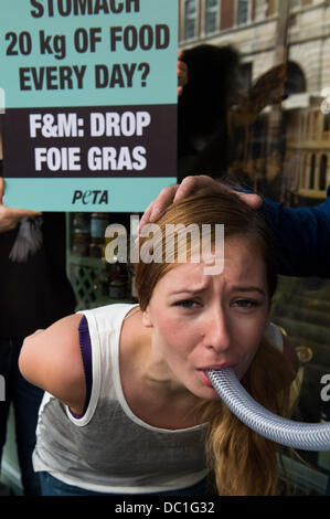 Piccadilly, Londres, Royaume-Uni. 7e août 2013. Groupe de défense des droits des animaux, PETA a tenu une manifestation devant magasin haut de gamme, Fortnum & Mason pour mettre en évidence les souffrances causées aux oies dans la préparation de foie gras. Ils 'force fed' une femme pour montrer la peur et la douleur impliqués dans la fabrication du foie gras. Elle montre la quantité de maïs (20kg) la femme serait alimenté par la force de tous les jours d'un tuyau enfoncé de la gorge. Fortnum & Mason sont un des rares détaillants vente gauche foie gras au Royaume-Uni. Crédit : La Farandole Stock Photo/Alamy Live News Banque D'Images