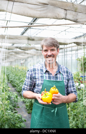 Portrait of organic farmer holding poivrons jaunes Banque D'Images