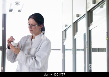 Female scientist dans l'échantillon de meulage mortier et pilon Banque D'Images