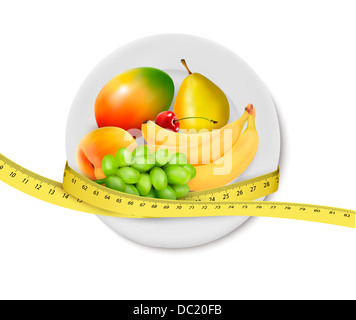 Diet Meal. Des fruits dans une assiette avec un ruban à mesurer. Concept de l'alimentation. Vector illustration Banque D'Images