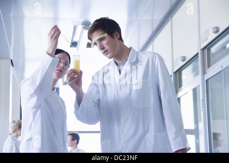 Étudiants en chimie le mélange des produits chimiques au laboratoire Banque D'Images