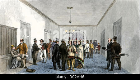 Les chefs autochtones américains Le président Grant en visite à la Maison Blanche, 1871. À la main, gravure sur bois Banque D'Images