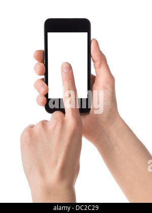 Téléphone en mains isolé sur fond blanc Banque D'Images