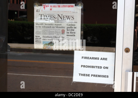 Les armes à feu sont interdites sur ces locaux s'identifier les marchands de fenêtre, Cumberland , Allegany Comté , Maryland , USA Banque D'Images