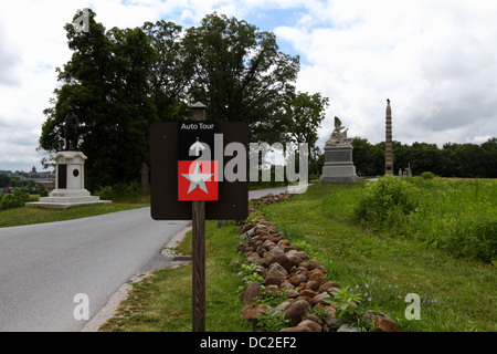 Panneau sur Doubleday Avenue indiquant la route de la visite automatique à travers le champ de bataille de Gettysburg, parc militaire national de Gettysburg, Pennsylvanie, États-Unis Banque D'Images