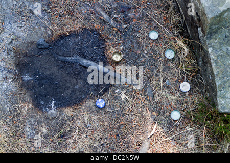 Brûler les dommages causés par un barbecue portable étant placé directement sur le sol à l'endroit de beauté à faible force de Teesdale Cascade Banque D'Images