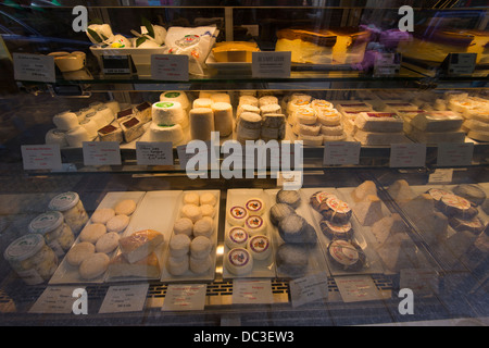 Les fromages de chèvre en vente dans une boutique spécialisée à Paris France Banque D'Images