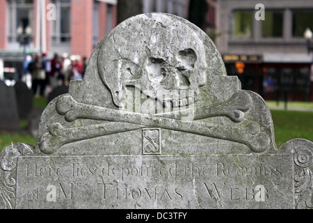 Crâne et os croisés sur la conception d'une pierre tombale du 18ème siècle, Granary Burying Ground, Boston, Massachusetts, USA Banque D'Images