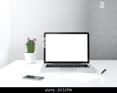 Lieu de travail avec des équipements électroniques de bureau à côté du mur et fenêtre Banque D'Images