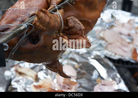 Cochon grillé sur spit au-dessus de la grill Banque D'Images