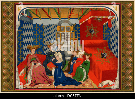 Christine de Pisan présentant son livre à Isabel de Bavière, Reine de Charles VI de France. Reproduction couleur Banque D'Images