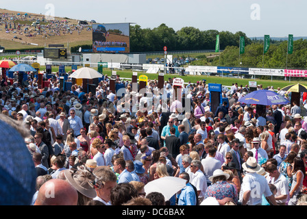 Des foules de racegoers autour des bookmakers dans l'enceinte de Gordon à Goodwood Banque D'Images