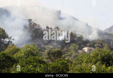 En vol au dessus de la fumée dans les montagnes Estellencs l'île de Majorque après un violent incendie s'est propagé autour de 2300 hectares. Banque D'Images