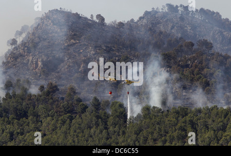 En vol au dessus de la fumée dans les montagnes Estellencs l'île de Majorque après un violent incendie s'est propagé autour de 2300 hectares. Banque D'Images