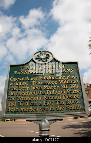 Le Mississippi, Columbus. Accueil de la petite enfance d'un prix Pulitzer, dramaturge Tennessee Williams. Banque D'Images