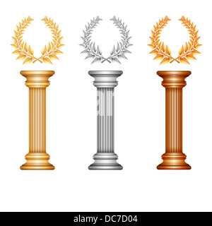 Or argent et bronze award colonne avec couronne de laurier pour texte gagnant du concours du jubilé ou plus de rayons de soleil. Illustration Banque D'Images