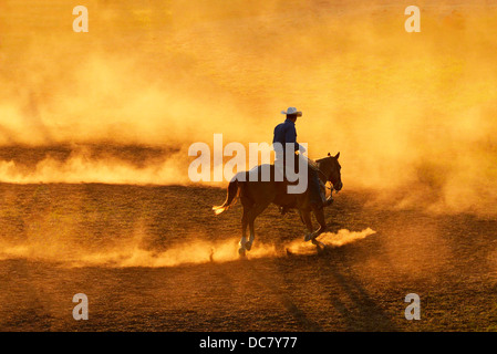 Cowboy exerçant devant le chef Joseph Jours Rodeo dans Joseph, Oregon. Banque D'Images