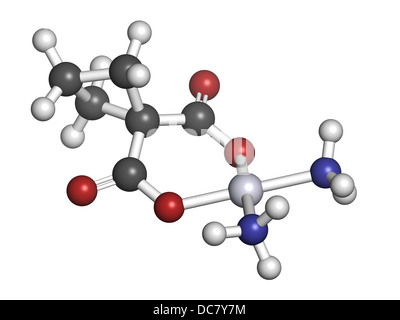 Carboplatine médicament de chimiothérapie du cancer, la structure chimique. Les atomes sont représentés comme des sphères avec codage couleur classiques Banque D'Images