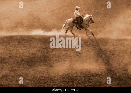 Cowboy exerçant devant le chef Joseph Jours Rodeo dans Joseph, Oregon. Banque D'Images