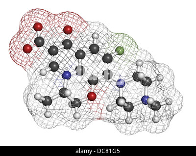 Médicament antibiotique lévofloxacine (classe des fluoroquinolones), la structure chimique. Les atomes sont représentés comme des sphères. Banque D'Images