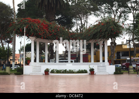Scène extérieure permanente avec des colonnes couvertes par bougainvilliers rouges Banque D'Images