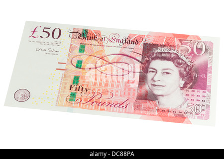 Cinquante anglais pound note sur un fond blanc Banque D'Images