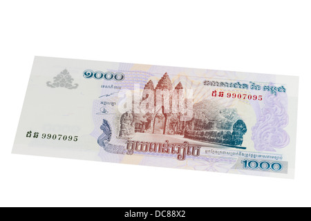 Riel cambodgien 1 000 note sur un fond blanc Banque D'Images