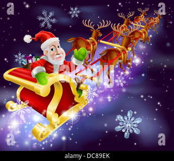 Illustration de Noël du Père Noël volant dans son traîneau ou en traîneau avec fond de nuit Banque D'Images
