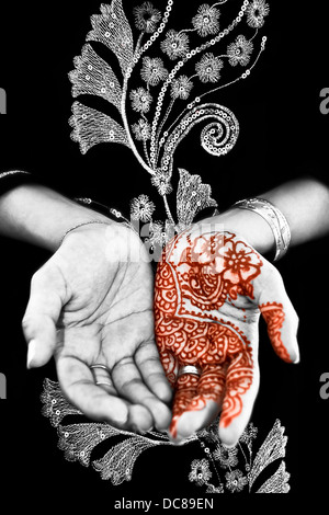 Mehendi henné, sur la main de la Mariée - Noir et Blanc Banque D'Images